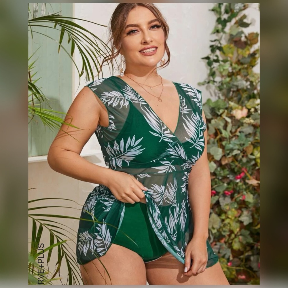 - SHEIN - 3 piece Palm Print Mesh Bathing Suit With Cover Up